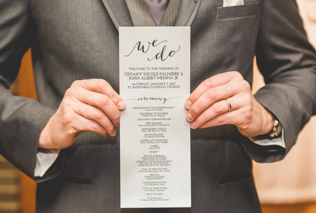 Front view of wedding program printing before Alaska ceremony