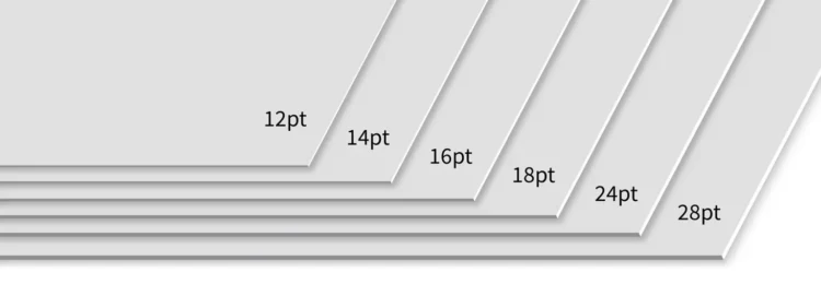 Side-by-side comparison of different business card paper stock thicknesses including 14pt, 16pt, and 18pt cardstock